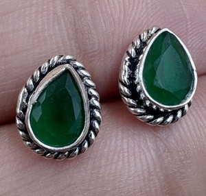 925 Sterling <b>Silver</b> Teardrop Green Onyx Gemstone <b>Stud</b> Earrings 8mm Vintage Rope Frame Handmade Green Stone Fine Jewelry - Product Image 3