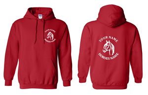 Sweat à capuche unisexe noir avec motif de cavalier sautant, nom personnalisé du cavalier et du cheval imprimé devant et derrière, coupe décontractée, coton French Terry - Product Image 3