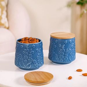 Blue Ceramic Food Storage Containers With Wooden Lids Blue Floral Design Airtight Kitchen <b>Jar</b> Set Nordic Style Handcrafted - Product Image 1