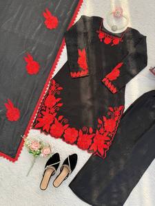 Salwar Kameez noir brodé de fleurs, tenue traditionnelle indienne pakistanaise pour femmes, séchage rapide, vêtements de fête - Product Image 3