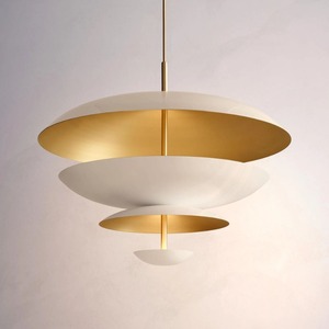 Industry Trending Modern Brass <b>Ceiling</b> Pendant <b>Light</b> With Four <b>White</b> Glass <b>Shades</b> Circular Design Lighting Fixture - Product Image 1