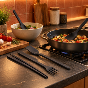 Ensemble d'ustensiles de cuisine noirs modernes, 5 pièces, outils de cuisson |   Ensemble de cuisine résistant à la chaleur, spatule, fourchette, cuillère, pince, noir mat - Product Image 2