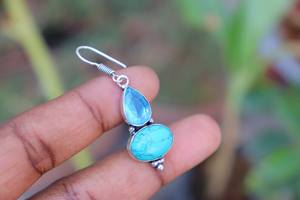 Pendientes de Plata de Ley con Turquesa Tibetana Natural y Topacio Azul, Certificados por IGI, Diseño Art Deco, para Uso Diario y Fiestas, Regalo para Ella - Product Image 3