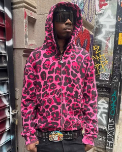 Sudadera con capucha personalizada con estampado de calavera Y2K para hombre, estilo urbano, con cremallera, estampado de leopardo rosa, estilo hip hop, talla grande, venta al por mayor - Product Image 1