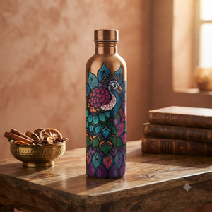 Decorative Copper Water <b>Bottle</b> with Peacock Floral Artwork, Leakproof Screw Cap, Reusable Ayurvedic Hydration Flask for Travel - Product Image 3