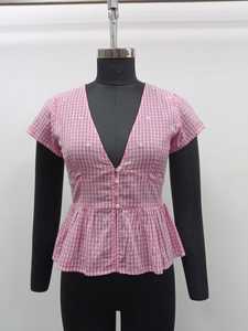 Top Peplum Rosa a Cuadros de Manga Corta con Cuello en V y Bordado, Transpirable, 100% Algodón, Cintura Natural, Casual Diario, Primavera/Verano - Product Image 1