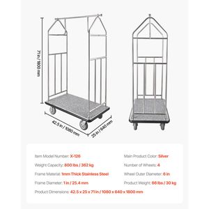 Carrello Portabagagli per Hotel con Capacità di Carico di 800 LBS, Finitura in Acciaio Inossidabile Spazzolato, Carrello Valet con Piano in Moquette Grigia - Product Image 4