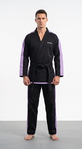 Uniforme de Taekwondo noir unisexe, respirant, vêtements d'arts martiaux avec bordure violette et logo pour l'entraînement - Product Image 3