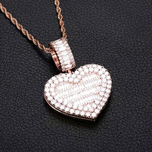 Rose <b>Gold</b> 10K <b>Solid</b> <b>Gold</b> Heart <b>Pendant</b> with Diamond Baguette Cut Round Cut Channel Setting Hip Hop Luxury Charm for Women - Product Image 1