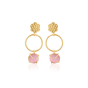 ต่างหูพลอยตาแมวสีชมพูสง่างามเครื่องประดับทองเหลืองสำหรับผู้หญิง - Product Image 1