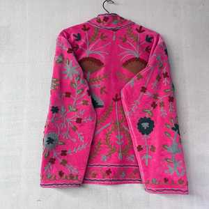 Pink Velvet Embroidered Mandarin Collar <b>Boho</b> Jacket Long Sleeve Floral Print Loose Fit Winter Wear <b>Summer</b> Casual <b>Dress</b> - Product Image 3