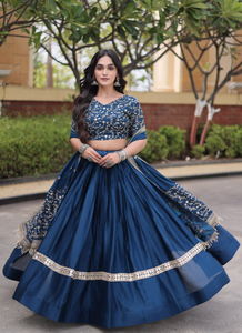 Blue Ethnic Fendy Silk Satin <b>Shawl</b> Pashmina Style Hijab Scarf Fringe Border Lehenga Set <b>Wedding</b> Festival Wear - Product Image 2