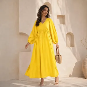 Bohemian Yellow Plain Cotton Maxi <b>Dress</b> With V-Neck <b>Loose</b> Fit Puff Sleeve Summer Casual <b>Dress</b> For Women - Product Image 2