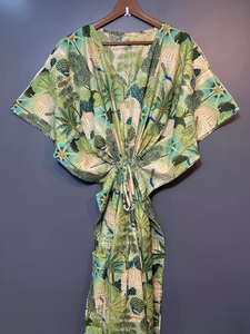 Nuevo Kaftán Naaz Textile de Lujo con Estampado Animal, Cuello en V, Cordón Ajustable, Manga Corta, Corte Ajustado y Largo, de Algodón Suave Indio para Mujer - Product Image 6