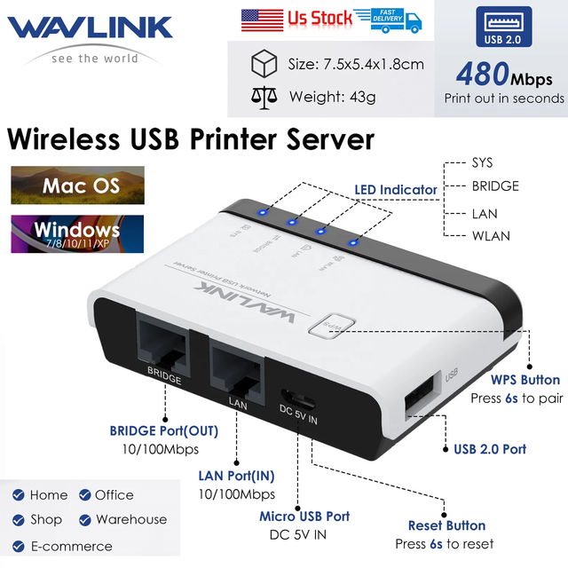Wavlink Home Office Shop Warehouse RJ45 Wireless USB Print Server Wired Standalone WL-NU516U1 N300 Print Server for USB Printer