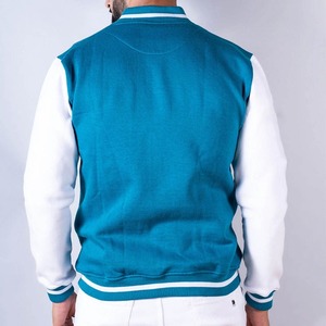 <b>Men's</b> Turquoise Varsity <b>Jacket</b> <b>White</b> Sleeves Stand Collar Pullover Regular Fit Preppy Style Autumn Wear Finished Front Windproof - Product Image 2