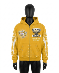 Sudadera con capucha y cremallera Y2K personalizada con pedrería para hombre, amarillo mostaza, estilo galería de arte, 100% algodón, forro polar grueso de 380 g/m² - Product Image 1
