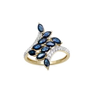 Bague en or jaune 14 carats avec saphir bleu naturel et diamant en forme de feuille pour femme |   Bijoux fins de coupe marquise, vente en gros, OEM, ODM - Product Image 1