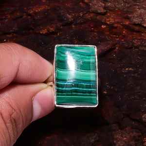 Natural Malachite Rectangle <b>Ring</b> Handmade Sterling <b>Silver</b> Gemstone Jewelry Healing Crystal <b>Statement</b> <b>Ring</b> - Product Image 1
