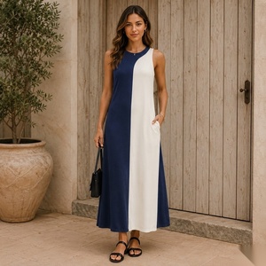 Vestido Maxi Asimétrico sin Mangas con Bloques de Color, Cuello Redondo, Silueta en A, Tejido de Punto Transpirable, Vestido Casual de Verano - Product Image 3