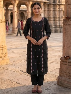 Women Cotton Kurti Ankle Length Traditional Indian Pakistani Casual Wear Green With Red Embroidery Regular Fit Fancy Work Kurtis - Product Image 1