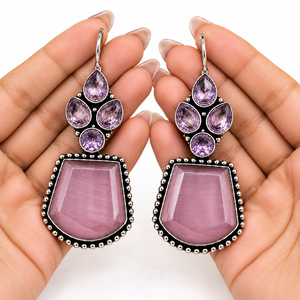 Pendientes Étnicos de Latón Oxidado en Plata Rosa, Venta Directa de Fábrica al Por Mayor |   Gema Monalisa Personalizada OEM ODM para Mujeres, para Fiestas - Product Image 4