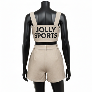 Traje de baño de mujer de alta calidad en poliéster y spandex color arena con paneles cargo, cremallera frontal y logo tejido. - Product Image 2