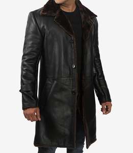 Manteau long en cuir véritable Eoin Winston Sports avec doublure en fausse fourrure marron foncé, veste d'hiver pour homme - Product Image 2