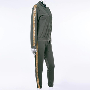 Conjunto Deportivo Casual de 2 Piezas para Mujer, Chaqueta Bomber con Cierre y Lentejuelas a Rayas, Pantalones Jogger, Ropa Deportiva OEM - Product Image 3