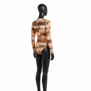 Traje de Baño de Manga Larga para Mujer, Premium, de Nailon y Spandex, Color Marrón Beige con Estampado, Logotipo Personalizado por Sublimación - Product Image 5