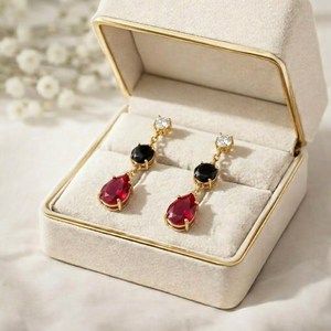 Ruby Pear Cut Black Obsidian Round <b>Earrings</b> CZ Accent Elegant Minimalist Drop Stud <b>Dangle</b> Jewelry Sterling <b>Silver</b> Gold Filled - Product Image 4