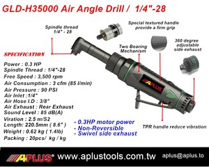 APLUS GLD-H35000 Taladro Neumático Angular OEM 0.3HP 3500 RPM 30 Nm Torque 3 CFM 1 Año de Garantía Rosca del Husillo 1/4"-28 0.62kg - Product Image 2