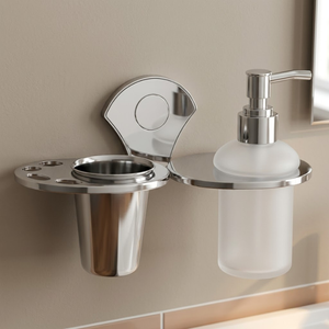 Support mural 2-en-1 en acier inoxydable pour gobelets avec distributeur de savon liquide, flacon de savon pour les mains en verre dépoli et support pour dentifrice - Product Image 2