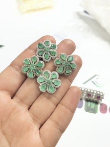 Genuine Emerald and Diamond Flower <b>Silver</b> <b>Stud</b> Earrings 92.5 Sterling <b>Silver</b> Earring - Product Image 3
