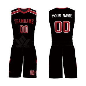Conjunto de Uniforme de Baloncesto Sublimado Personalizado, Negro y Rojo, Nombre del Equipo 00, Secado Rápido, Poliéster, Unisex, Corte Atlético para Adultos, Cuello en V, Sin Mangas - Product Image 4