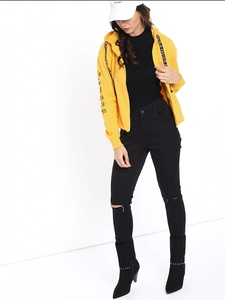 Sudadera con Capucha Amarilla para Mujer, Color Sólido, Estampado de Letras, Manga Larga, Estilo Casual de Otoño, 100% Algodón Tejido, Corte Regular - Product Image 5