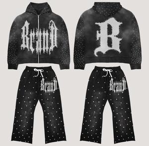 Factory Manufacture Cut & <b>Sew</b> Custom Design Flared Sweat suits 100% Organic Cotton Distressed Embroidery Rhinestone Tracksuits - Product Image 1
