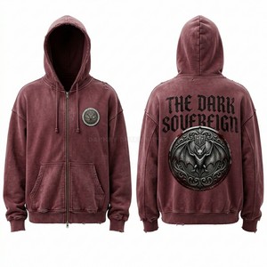 เสื้อฮู้ดซิปพรีเมียมสีแดงเลือดหมู สไตล์วินเทจ ซักทำเก่า สำหรับผู้ชาย แบบซิปเต็มตัว เสื้อสเวตเชิ้ตคุณภาพสูง สตรีทแวร์ ปักลาย ซิปฮู้ดดี้ DIY - Product Image 1