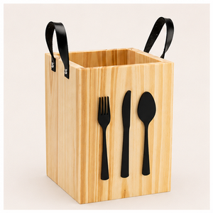 Handcrafted Natural Pine Wood Cutlery Holder With Premium Leather Handles Multi-Compartment Utensil Caddy For Dining <b>Tabletop</b> - Product Image 5