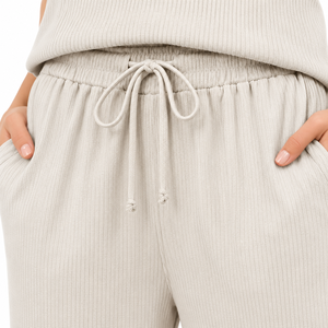 Ensemble décontracté 2 pièces pour femme en maille côtelée confortable avec col rond, manches courtes, pantalon large et cordon de serrage pour l'été - Product Image 5