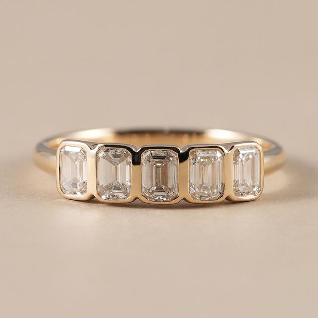 Unique Emerald Cut Diamond Five Stone Ring Lab Grown With 14k Yellow Gold Wedding Party promise Gift Jewelry For Partner