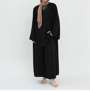 Conjunto de 3 piezas de ropa musulmana modesta para mujer: Abaya abierta, cárdigan, túnica larga y pantalones de pierna ancha. Ropa islámica. - Product Image 3