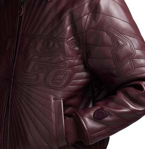 Avirex <b>Men's</b> Burgundy <b>Leather</b> Bomber <b>Jacket</b> Embossed Logo Front Zipper Turn-down Collar Moto Style Winter Wear - Product Image 6