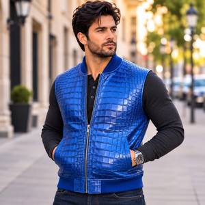 Gilet de motard sans manches en cuir véritable respirant et coupe-vent pour homme, bleu gaufré - Product Image 3