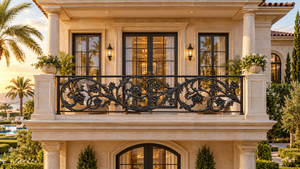 Rampe de balcon en fonte et acier inoxydable de style méditerranéen avec motif floral, résistante à la rouille, à fixation au sol pour usage extérieur - Product Image 5