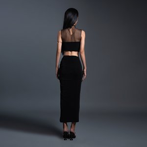 Jupe droite noire scintillante pour femme en jersey tricoté extensible avec fente, élégante et sexy, taille ajustée, vêtements pour femme, Vietnam - Product Image 3