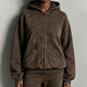 Sudadera con capucha extragrande de forro polar con cremallera y logotipo personalizado, color liso, estilo casual lavado, para otoño, con efecto vintage desgastado por el sol y lavado ácido. - Product Image 3