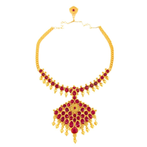24K Gold Plated Floral <b>Necklace</b> Set with <b>Ruby</b> Stone Embellishment for Bridal Gift - Product Image 2