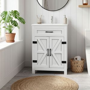 Mobile bagno lavabo a doppia anta in truciolato melaminico bianco lavato, con ripiani interni a U, 61x47x85cm - Product Image 1