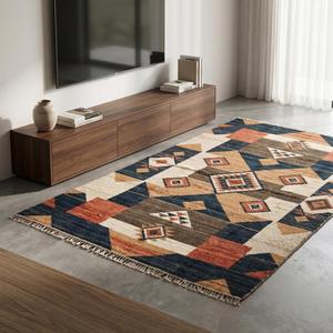 Tapis unique à motif tribal diamanté avec des motifs d'inspiration sud-ouest, tapis décoratif à franges pour salon et chambre à coucher - Product Image 5